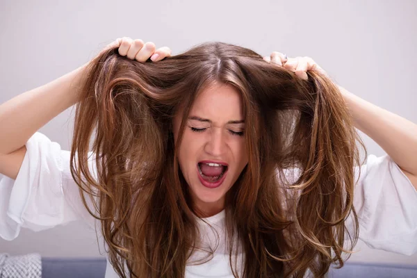 Sinirli Genç Kadın Bağırırken Saçlarını Çekerek — Stok fotoğraf