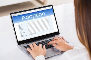 Laptop'ta Evlat edinme Babalık Kayıt Defteri Dolduran Kadının Yakın Çekim