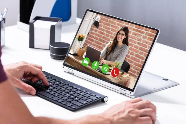 Businessman Video Conferencing His Colleague Hybrid Laptop Desk Office — Stock Photo, Image