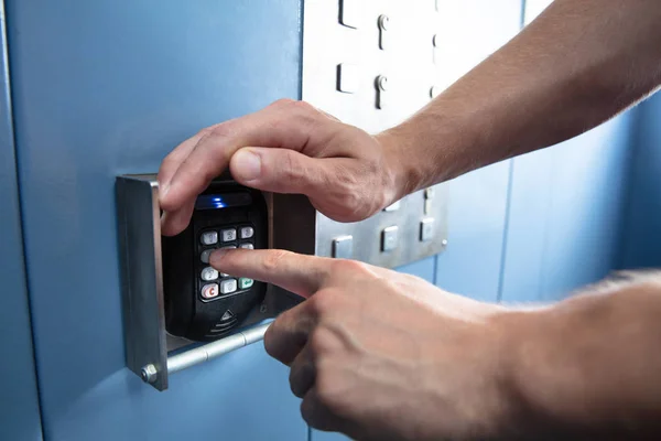 Close Person Finger Pressing Entering Floor Code Elevator — Stock Photo, Image