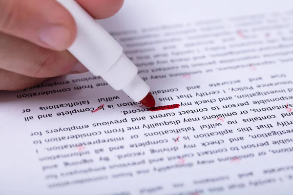 Close Person Hand Marking Error Red Marker Document — Stock Photo, Image