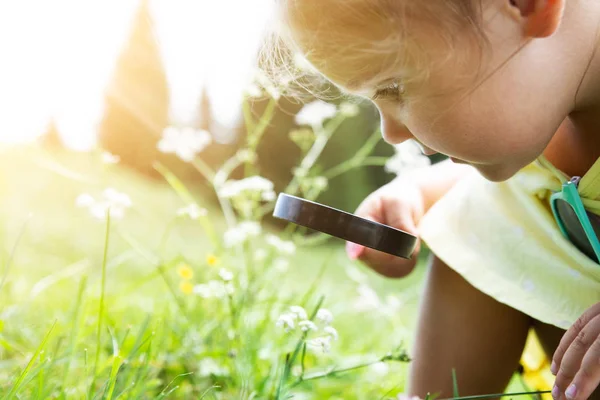 Petite Fille Regardant Fleur Travers Verre Grossissant — Photo