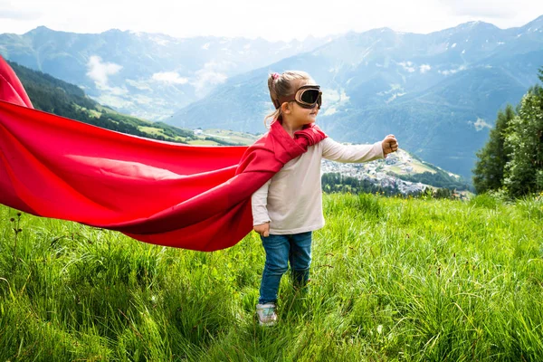 Little Girl Playing Superhero Game Mountain — Stock Photo, Image