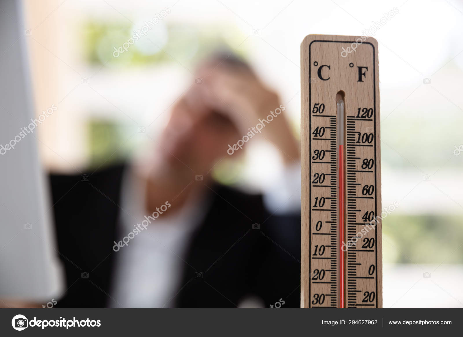 Thermometer Front Businessman Working Hot Weather Office Stock