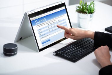 Evde Dizüstü Bilgisayar da Online Anket Veren Kadın