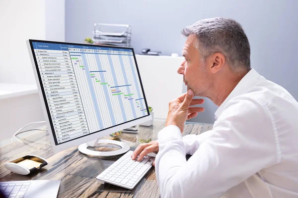 Side View Young Businessman Looking Gantt Chart Computer Office — Stock Photo, Image