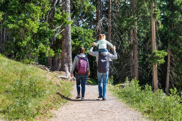 Rodinná Pěší Turistická Stezka Horách Létě — Stock fotografie