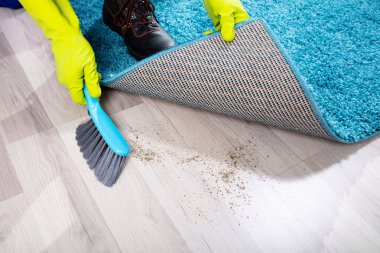 Low section View Of A Lazy Janitor Sweeping Dirt Under The Carpet
