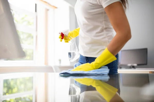 Side View Female Janitor Cleaning Desk Blue Napkin Office — Stock Photo, Image