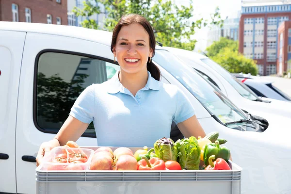 Glückliche Frau Mit Einkaufskorb Mit Gemüse — Stockfoto