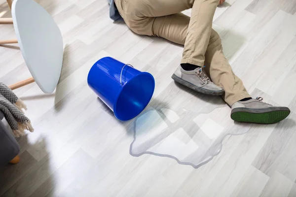 Mature Man Falling Wet Floor Front Spilled Bucket Water Home — Stock Photo, Image