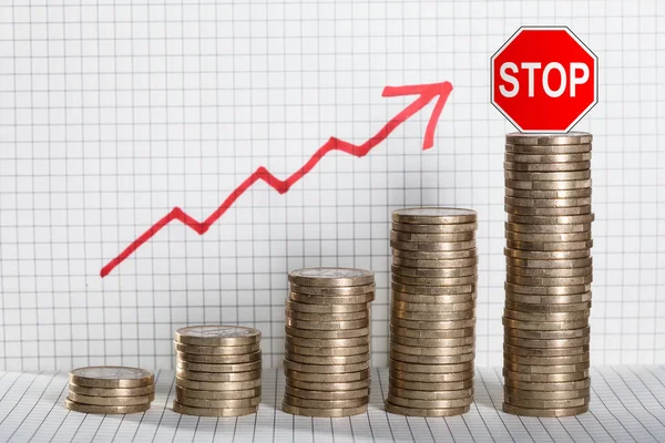 Czerwony Zatrzymaj Ostrożność Stosie Monet Wykazujące Wzrost Zysku — Zdjęcie stockowe