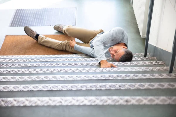 Mature Man Lying Staircase Slip Fall Accident — Stock Photo, Image