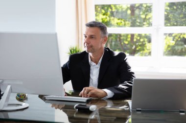 ofiste bilgisayar üzerinde çalışan iş adamı