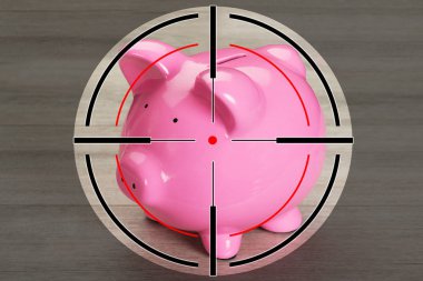 Hardwood Zemin Üzerinde Pembe Piggy Bankası Üzerinde Çekim Aralığı Hedef Close-up