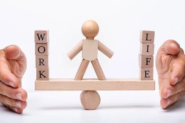 Human Figure Standing Work Life Wooden Blocks Seesaw Being Protected — Stock Photo, Image