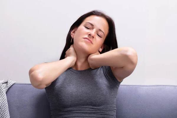 Portrait Young Woman Suffering Neck Pain Home — Stock Photo, Image