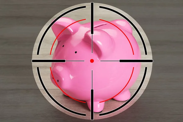 射击靶的特写在硬木地板上的粉红色小猪银行 — 图库照片