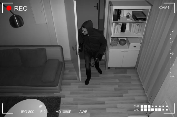 Tjuv Med Crowbar Huset Scen Genom Cctv Kamera — Stockfoto