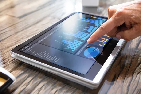 Close Businessman Hand Analyzing Graph Convertible Laptop — Stock Photo, Image