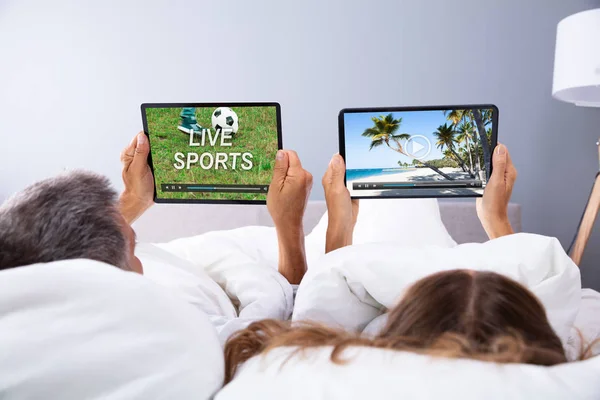 Couple Watching Movie Digital Tablet While Lying Bed — Stock Photo, Image