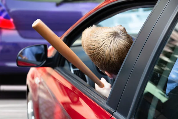 Angry Driver Baseball Bat Screaming Out Car Window — Stock Photo, Image