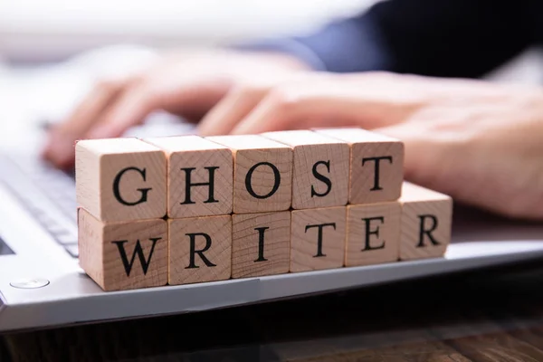 Ghostwriter Wooden Block Computer Keyboard While Someone Typing — Stock Photo, Image