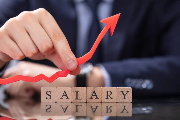 Person Hand Holding Growth Arrow Salary Word — Stock Photo, Image
