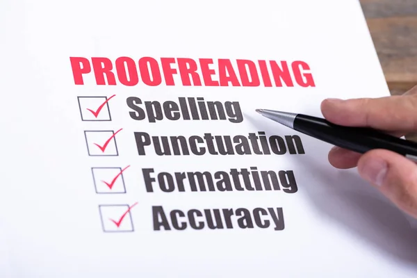 Proofreading Checklist Concept Man Crossing Checkboxes Desk — Stock Photo, Image