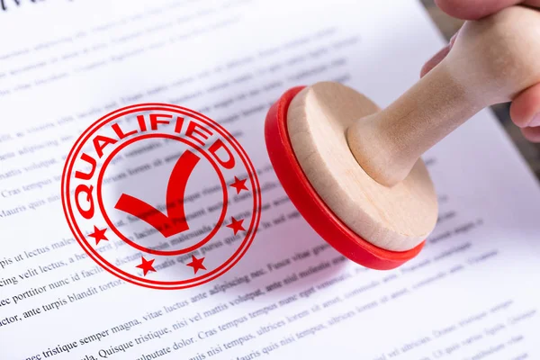 Businessman Hand Putting Qualified Stamp Document — Stock Photo, Image