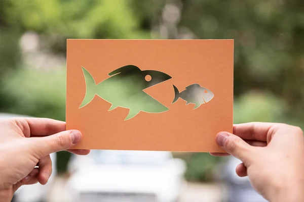 Hands Holding Paper With Cutout Fish Outdoors