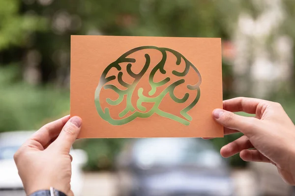 Mãos Segurando Papel Com Recorte Cérebro Livre — Fotografia de Stock