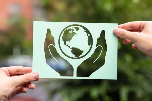 Hands Holding Paper Cutout Hands Protecting Earth Outdoors — Stock Photo, Image