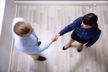 Ahşap zeminin üzerinde durup el sıkışan iş ortaklarının genel görünümü