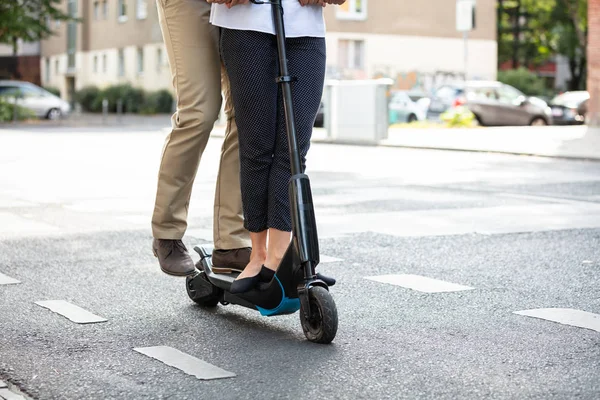 Low Section Young Couple Riding Electric Scooter City Street — Stock Photo, Image