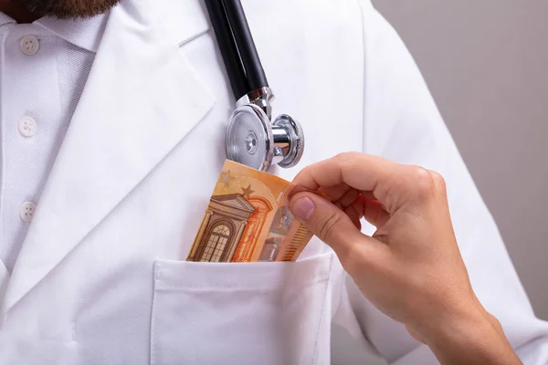 Close Medicinal Male Doctor Receiving Euro Banknote Bribe Clinic — Stock Photo, Image