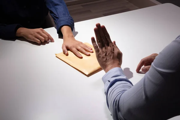 Close Businessman Hand Refusing Take Bribe Businesswoman White Desk — Stok Foto