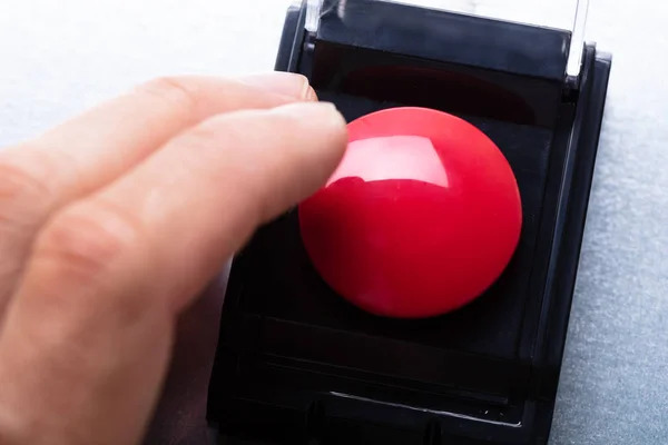 Close Person Hand Emergency Bell Table — Stock Photo, Image