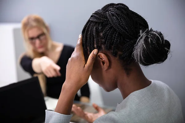 Rear View Sad African Businesswoman Sitting Front Her Boss Blaming — Stock Photo, Image