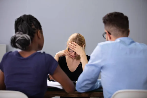 Young Unhappy Woman Sitting Front Managers Office Interview — Stock Photo, Image