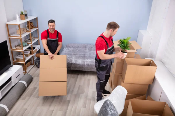 Porträt Eines Jungen Männlichen Umzugsunternehmers Beim Verpacken Der Produkte Die — Stockfoto