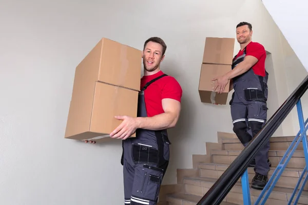 Portrait Young Male Movers Uniform Carrying Cardboard Boxes Walking Downward — Stok Foto