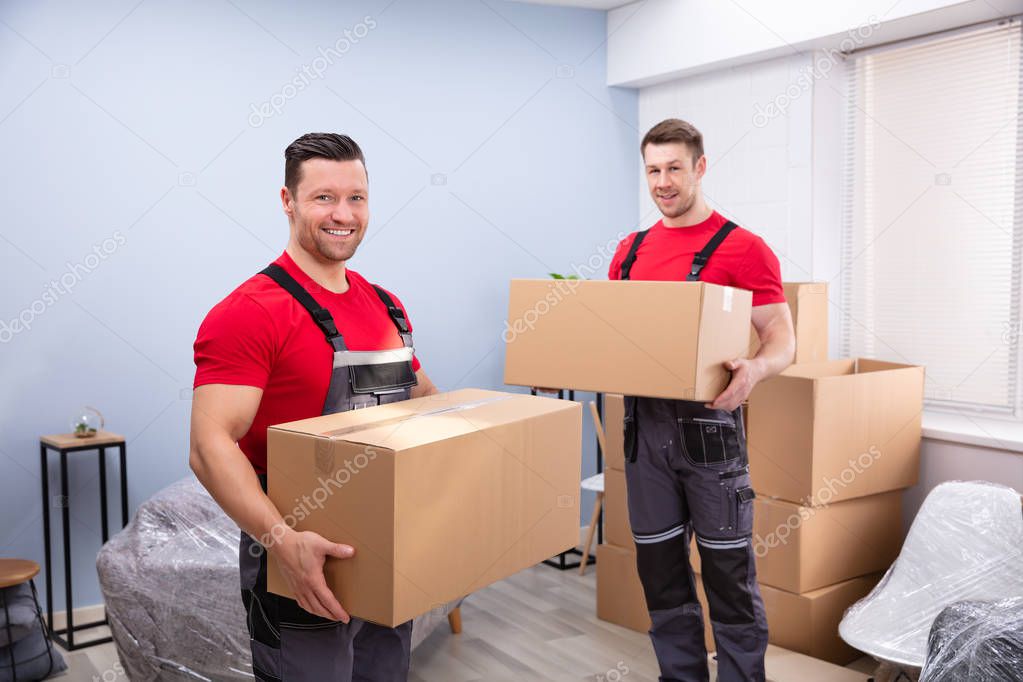 Portrait Of Two Smiling Young Male Relocation Worker Carrying Cardboard Boxes In The Living Room