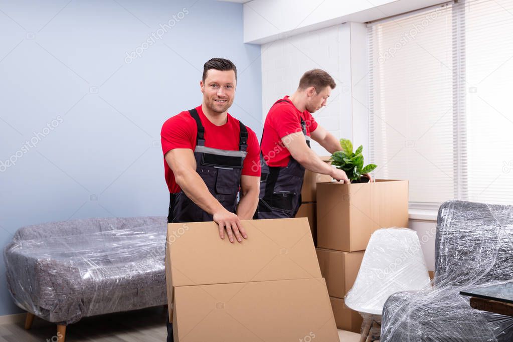 Portrait Of Young Male Mover Packing The Products In The Cardboard Boxes