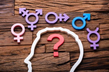 Question Mark Inside Persons Head Outline And Multiple Gender Signs Around clipart