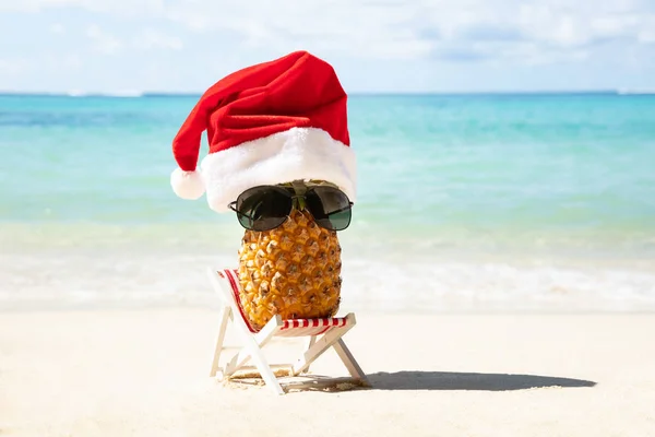 Ananas Mit Weihnachtsmütze Und Sonnenbrille Auf Liegestuhl Strand — Stockfoto
