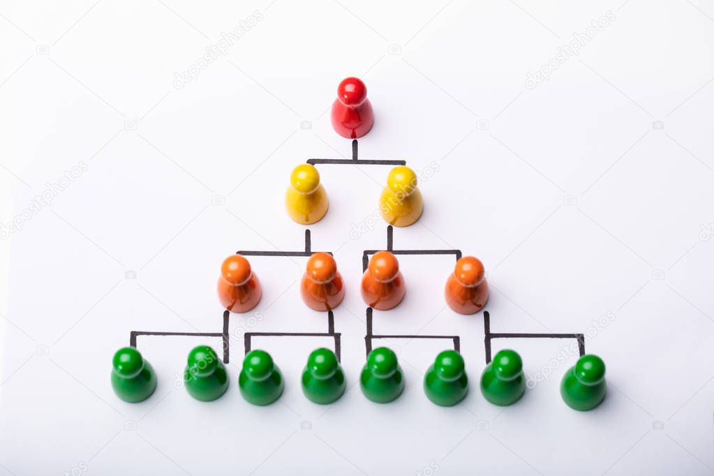 Wooden Pawns Forming Hierarchical Structure Over White Background