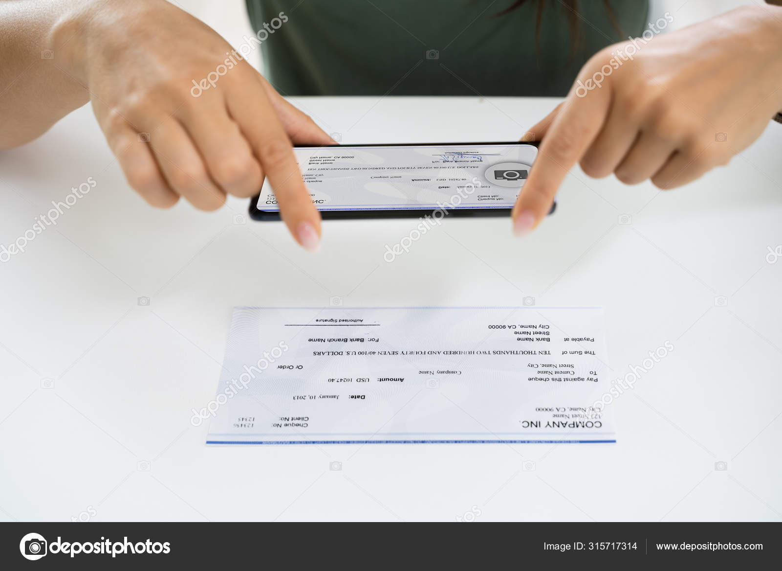 Woman Taking Photo Cheque Make Remote Deposit Bank — Stock Photo ...