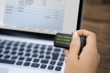 Dizüstü bilgisayardaki banka transferini doğrulamak için kadın aygıtı kullanıyor
