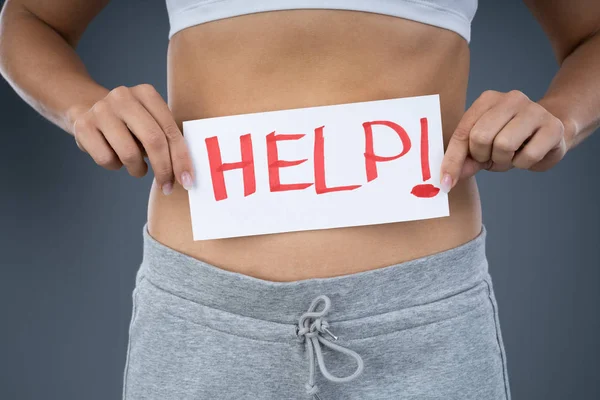 Woman Stomach Pain Showing Help Sign Piece Paper — Stock Photo, Image